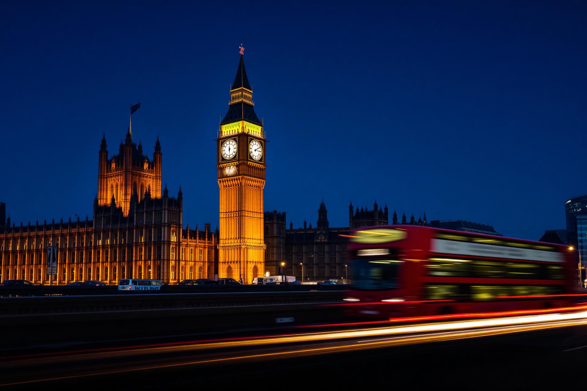 Big Ben and Westminster at twilight with a red double-decker bus